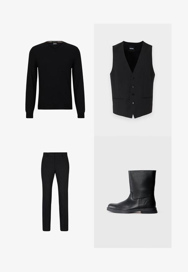 Schwarzer taillierter Weste mit tiefem V-Ausschnitt, fünf Knopfverschluss, zwei Fronttaschen und glatter Stofftextur. Auf dem Etikett steht "BOSS."; Schwarzer Strickpullover mit langen Ärmeln und V-Ausschnitt. Verfügt über ein dezentes Logo auf der Vorderseite sowie gerippte Bündchen und Saum. Angenehme, glatte Textur.; Schwarze, taillierte Hose mit flachem Front, geraden Beinen, Gürtelschlaufen und Reißverschluss. Hergestellt aus gewebtem Stoff mit glatter Textur.; Schwarze Leder-Ankle-Boots mit strukturierter Oberfläche, runder Zehenform und flacher Gummisohle. Einfaches Design ohne sichtbare Beschläge oder Verzierung.