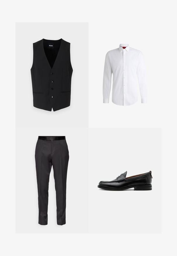 Gilet noir ajusté avec un profond décolleté en V, fermeture à cinq boutons, deux poches avant et texture de tissu lisse. L'étiquette indique "BOSS."; Chemise blanche à manches longues en tissu lisse avec un col classique et un ourlet arrondi. Présente des boutons beiges à l'avant.; Pantalons noirs ajustés avec une coupe slim, devant plat et légère brillance. Présentent une taille noire lisse et des détails de plis le long des jambes.; Mocassin homme en cuir noir avec couture moc toe, bride penny, col texturé et petit talon empilé sur fond blanc.