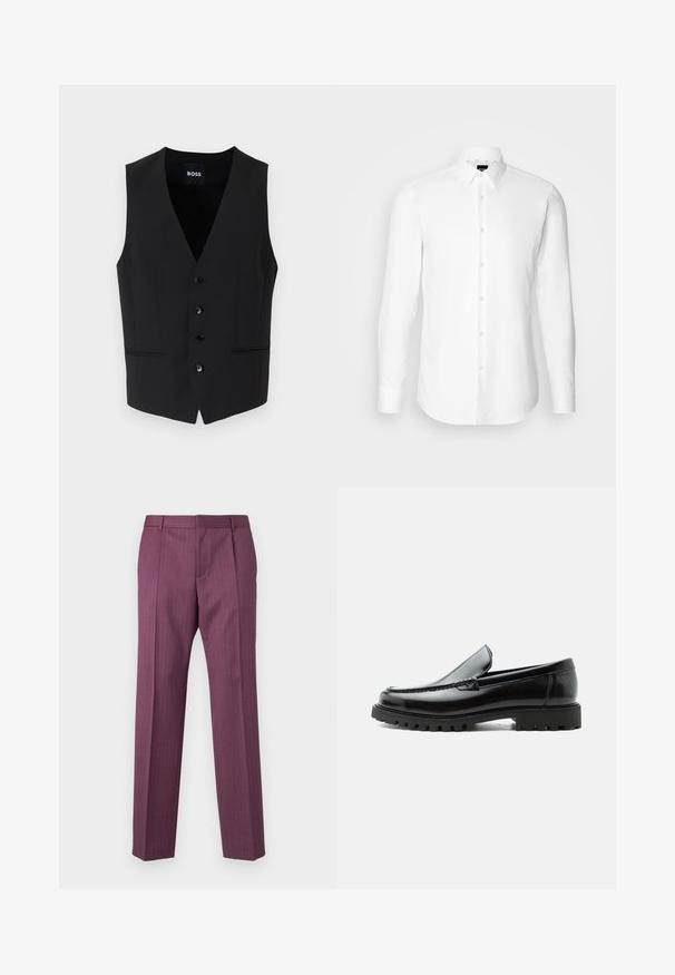 Zwart op maat gemaakte vest met een diepe V-hals, vijf knoopsluitingen, twee voorkeurszakken en een gladde stoftextuur. Label leest "BOSS."; Witte blouse met lange mouwen, knoopsluiting aan de voorkant, klassieke kraag, gemaakt van gladde stof met een subtiele textuur, ontworpen voor een aansluitende pasvorm.; Paarse, gestreepte broek met rechte pijpen, een getailleerd ontwerp en voorzakken. Gemaakt van lichtgewicht stof, met riemlussen en een krijtstreep aan de voorkant.; Zwarte leren loafer met dikke rubberen zool, gestikte bovenkant en gegraveerde merknaam op de hiel, zijaanzicht op witte achtergrond.