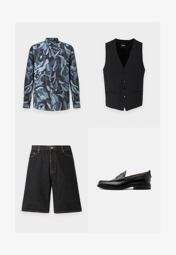 Chaleco negro ajustado con un profundo escote en V, cierre de cinco botones, dos bolsillos frontales y textura de tela suave. La etiqueta dice "BOSS."; Camisa de manga larga de tejido suave, con una base azul oscura y patrones abstractos en tonos azul claro que parecen hojas, con cierre de botones en el frente y cuello.; Pantalones cortos de mezclilla negra con corte recto, con costuras naranjas, cinco bolsillos y un cierre de botón de metal en la cintura.; Mocasín de hombre de piel negra con costura moc toe, tira penny, cuello texturizado y tacón bajo apilado sobre fondo blanco.