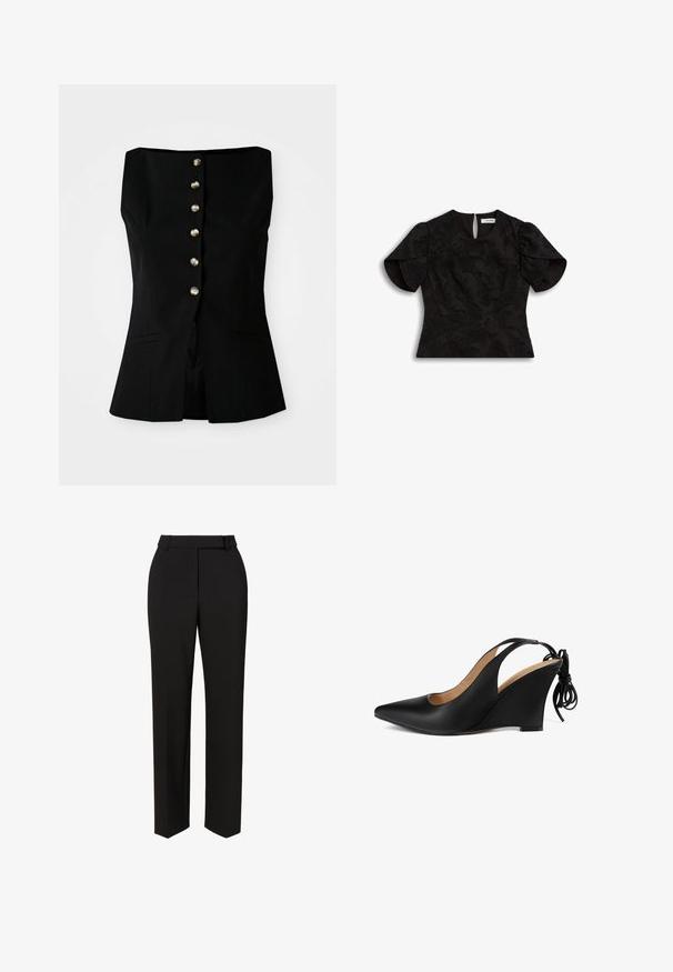 Schwarzes ärmelloses Oberteil mit geradem Halsausschnitt, ausgestattet mit einer Vorderseite, die aus sechs Knöpfen aus Metallic-Material besteht, sowie seitlichen Taschen. Maßgeschneiderte Passform.; Schwarze Bluse mit Puffärmeln, strukturierter Stoff mit einem dezenten Muster, taillierte Passform und einem Schlüssellochverschluss mit einem Reißverschluss auf der Rückseite.; Schwarze, maßgeschneiderte Hose mit geradem Bein, die eine glatte Textur und ein Gürtel-Detail in der Taille aufweist.; Schwarze Leder-Slingback-Wedge mit spitzem Schuhkopf, offenen Seiten und einem Bindungsakzent an der Ferse; strukturierte Oberfläche und leicht geschwungene Wedge.