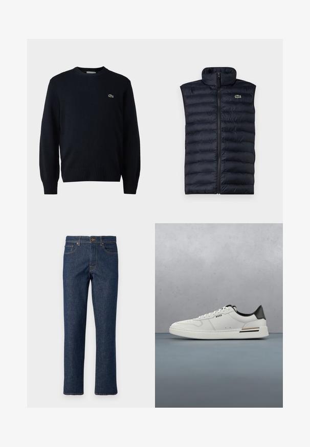 Marineblaue Steppweste mit hohem Kragen, Frontreißverschluss und horizontalem Steppmuster. Verfügt über ein kleines grünes Logo auf der oberen linken Seite.; Marineblauer Rundhalsausschnitt-Pullover aus weichem Material mit gerippten Bündchen und Saum. Kleines grünes Lacoste-Logo auf der Brust.; Dunkelblaue Jeans aus Denim mit geradem Bein, ausgestattet mit einem Knopfverschluss, fünf Taschen und kontrastierenden Nähten.; Weißer Sneaker mit niedrigem Schnitt und schwarzer Ferse, Schnürverschluss, dezenten Perforationen und "BOSS"-Logo an der Seite, gezeigt von der äußeren Seitenansicht.