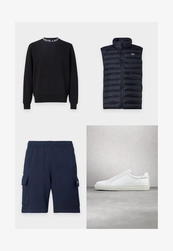 Marineblaue Steppweste mit hohem Kragen, Frontreißverschluss und horizontalem Steppmuster. Verfügt über ein kleines grünes Logo auf der oberen linken Seite.; Schwarzer Hoodie mit rundem Halsausschnitt und weißem "LACOSTE"-Schriftzug, gerippten Bündchen und Saum sowie einem kleinen schwarzen Logo auf der Brust.; Marineblaue Cargo-Shorts aus weichem Stoff, mit einem elastischen Bund, zwei Seitentaschen und einem kleinen Logoakzent auf der linken Tasche.; Weißer Sneaker mit glattem Lederobermaterial und niedrigem Profil. Verfügt über eine runde Zehenpartie, sechs Ösen und eine strukturierte Gummisohle.