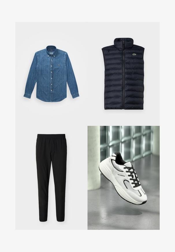 Marine blauwe gewatteerde vest met hoge kraag, ondoorzichtige rits aan de voorkant en horizontaal gestikt patroon. Heeft een klein groen logo aan de bovenkant van de linkerkant.; Denim overhemd met lange mouwen, knoopsluiting kraag en een subtiel verticaal streepjespatroon, in een middelblauwe kleur met een logoaccent.; Zwarte slim-fit broek met elastische tailleband, rechte pijpen en zonder zichtbare zakken of versieringen.; Witte sneaker met mesh- en leermateriaal, zwarte accenten en een gestructureerde zool. Kenmerken zijn onder andere veters en merknaam aan de zijkant.