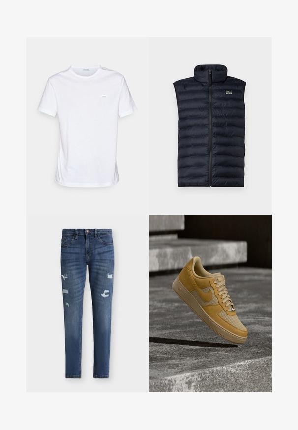 Marine blauwe gewatteerde vest met hoge kraag, ondoorzichtige rits aan de voorkant en horizontaal gestikt patroon. Heeft een klein groen logo aan de bovenkant van de linkerkant.; Witte katoenen t-shirt met korte mouwen, ronde hals, en een klein merklabel op de borst. Gladde textuur en minimalistisch ontwerp.; Blauwe skinny jeans van denim met lichte vervaging en beschadigde plekken op dijen en knieën, voorzijde met knoop- en ritssluiting, vijfzakkenontwerp.; Tan- en beige Nike Air Force 1 sneaker die boven een betonnen oppervlak zweeft met stenen trappen op de achtergrond.