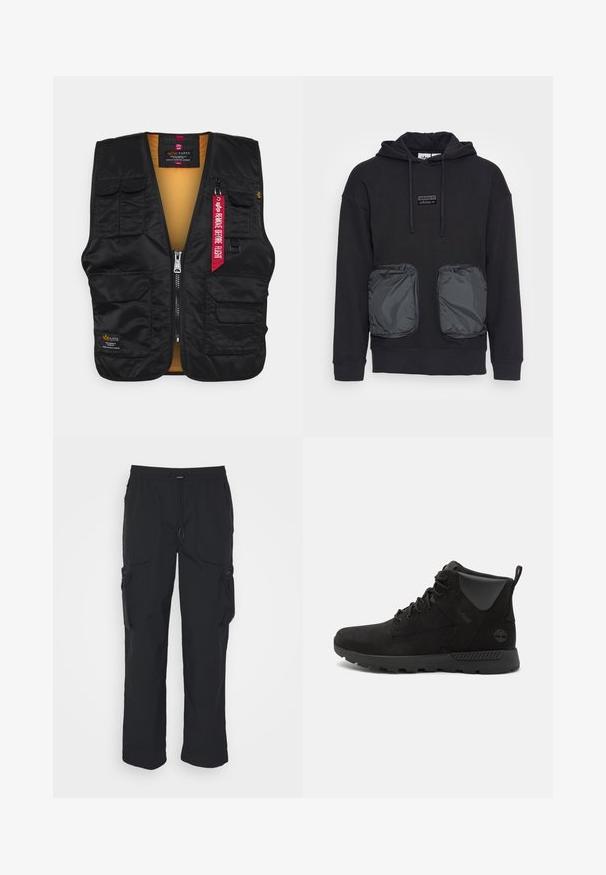 Schwarze Weste mit mehreren Fronttaschen, Reißverschluss und einem leuchtend orangefarbenen Innenfutter. Enthält ein rotes "Remove Before Flight"-Schild.; Schwarzer Kapuzenpullover mit lässiger Passform, ausgestattet mit zwei großen Reißverschlusstaschen aus glänzendem Material auf der Vorderseite. Kleines Logopatch über den Taschen.; Schwarze Cargo-Hosen aus gewebtem Stoff. Mit verstellbarem Bund, Seitentaschen und zwei Utility-Taschen mit Reißverschlüssen.; Schwarze High-Top-Stiefel aus Wildleder und synthetischen Materialien, mit einer strukturierten Oberfläche, Schnürdesign und Gummisohle mit Grip.