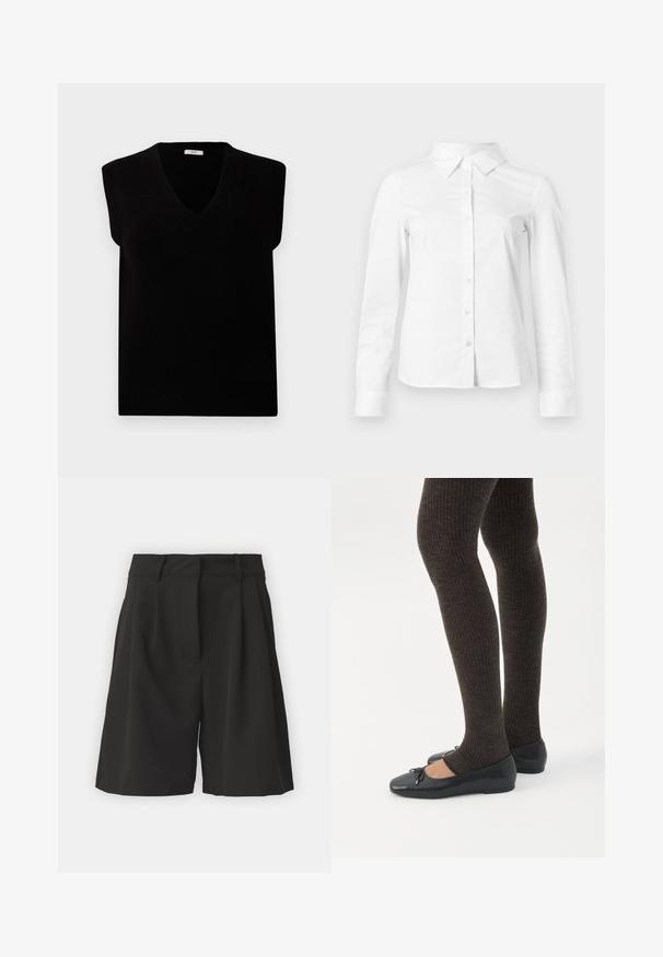 Must rääkiv ilma varrukateta V-kaelusega kampsun, mis on valmistatud pehmest materjalist. Kaeluse ja käeaukude juures on ribakujundus. Lihtne, minimalistlik disain.; Valge pika varrukaga nööpidega särk terava krae, sirge ääre ja vormiva siluetiga, esitatud lihtsal heledal taustal.; Mustad mustrid, millel on rafineeritud disain, esiosas pleated, laia vöökoha ja siledat tekstuuri. Nähtavad taskud puuduvad.; Jalad seljas tumedad soonelises soonelises kombines mustade baleriinadega, millel on väikesed paelade detailid valgel taustal.