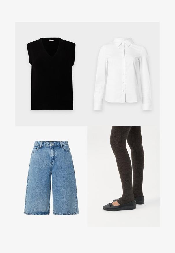 Suéter negro sin mangas con escote en V, hecho de material suave. Presenta detalles acanalados en el escote y las sisas. Diseño simple y minimalista.; Camisa blanca de manga larga con botones, cuello puntiagudo, bajo recto y silueta ajustada, presentada sobre un fondo claro y liso.; Pantalones cortos de mezclilla en azul claro, con un diseño de corte amplio, estilo estándar de cinco bolsillos y una tela texturizada con un acabado desgastado.; Piernas con leggings oscuros acanalados combinados con bailarinas negras que presentan pequeños detalles de lazo sobre un fondo blanco.