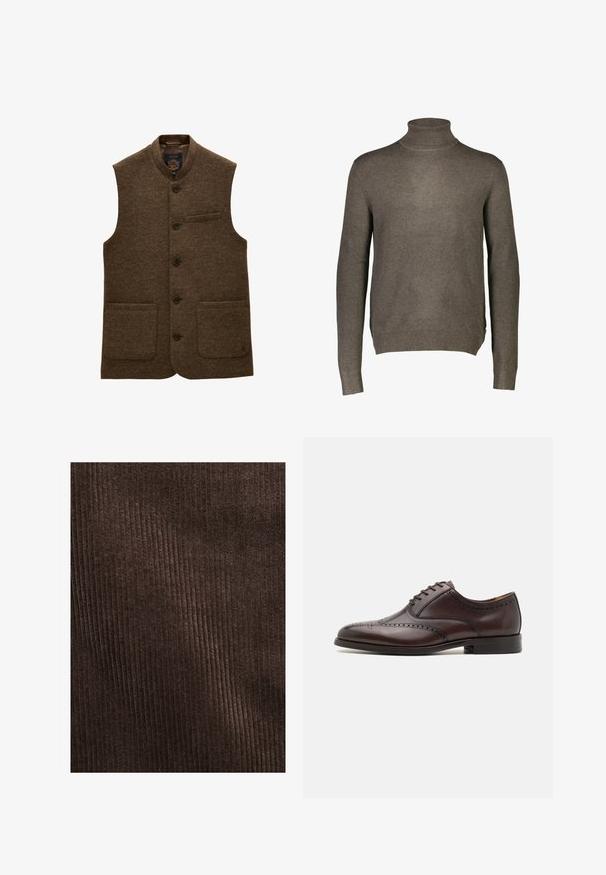Gilet en laine marron à boutons avec deux poches avant basses, une poche poitrine et un petit col.; Pull turtleneck marron à manches longues en tissu tricoté doux, avec un col ajusté et des poignets et un ourlet côtelés. Design minimaliste, sans motifs.; Tissu en velours côtelé marron présentant des côtes verticales, une texture douce et une couleur profonde et riche, adapté pour le rembourrage ou les vêtements.; ALDO DONALD - Derbies & Richelieus - dark brown