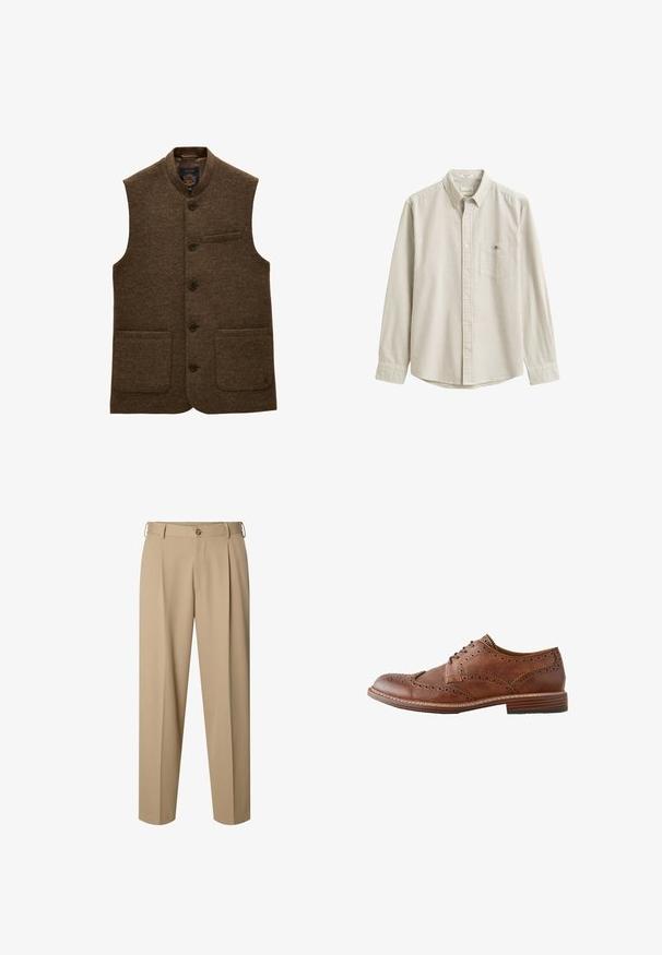 Braune Wollweste zum Knöpfen mit zwei unteren Fronttaschen, einer Brusttasche und kleinem Kragen.; Beige-weiß vertikal gestreiftes Langarmhemd mit Kragen und Brusttasche, flach ausgelegt ohne Person.; Beige maßgeschneiderte Hose mit vorderen Falten, Gürtelschlaufen, Knopfverschluss und geradem Bein.; Brauner Leder-Herren-Wingtip-Oxford-Schuh mit Brogue-Details und gestapeltem Holzabsatz, seitlich auf weißem Hintergrund gezeigt.