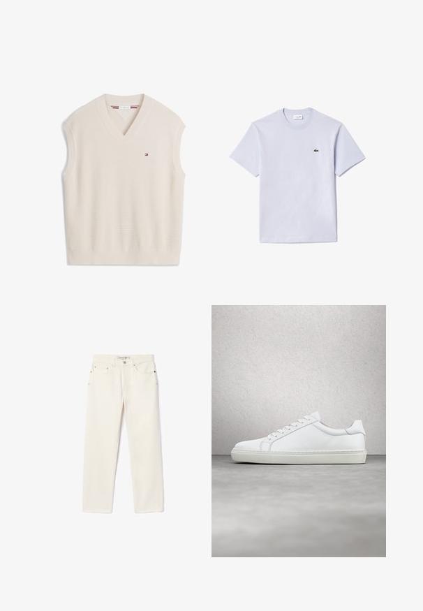 Krémovo sfarbená pletená bezrukávová vesta so špicatým výstrihom a malým logom vlajky Tommy Hilfiger na ľavej strane hrudníka.; Svetlomodré bavlnené tričko s okrúhlym výstrihom, krátkymi rukávmi a malým zeleným vyšitým logom na hrudi. Hladký povrch.; Džínsy v smotanej farbe so strihom rovného nohu, obsahujúce dve predné vrecká, zapínanie na gombík a decentné logo blízko pásu.; Biele tenisky s hladkým koženým zvrškom a nízkym profilom. Majú zaoblenú špičku, šesť očiek a štruktúrovanú gumovú podrážku.