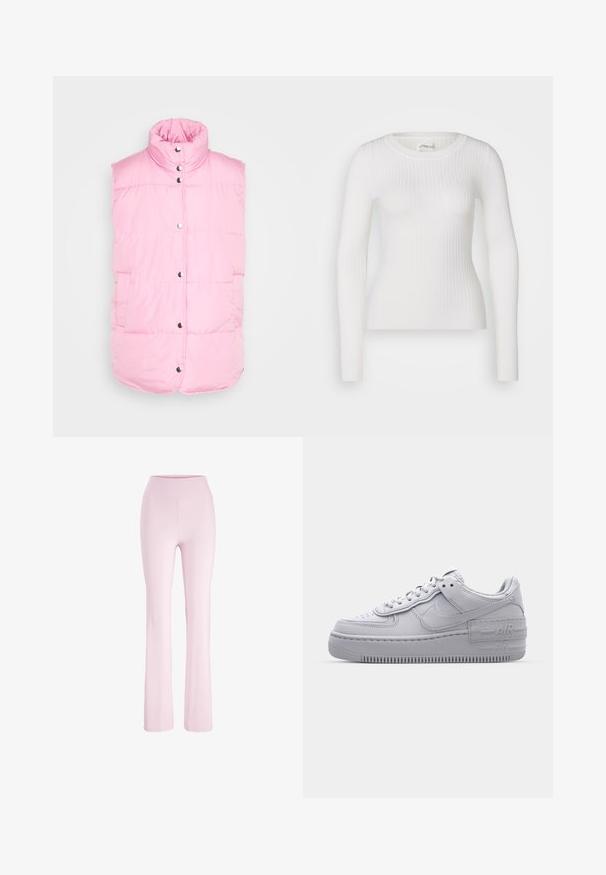 Pieces PCTEE WAISTCOAT - Bodywarmer - begonia pink; Witte lange mouwen geribbelde top met een ronde hals. De stof is soepel, met een subtiele textuur en een aansluitend ontwerp. Geen zichtbare hardware of patronen.; Lichtroze yogabroek met een hoge taille, een smalle pasvorm over de dijen en licht uitlopende pijpen, afgebeeld op een witte achtergrond.; Grijze Nike Air Force 1 sneaker met geperforeerde neus, glad leren bovenwerk, dikke zool en verhoogde 'AIR' details op de hiel.