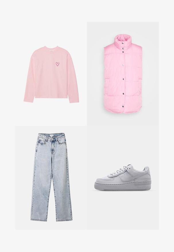Pieces PCTEE WAISTCOAT - Weste - begonia pink; Helles rosa Sweatshirt mit langen Ärmeln aus weichem Material. Mit einem kleinen gestickten Herz auf der linken Brust. Rippbündchen am Kragen und an den Ärmeln.; Helle blaue Straight-Leg-Jeans aus Denim, ausgestattet mit zwei vorderen Taschen, einem Knopfverschluss und kontrastierenden Nähten entlang der Säume.; Graue Nike Air Force 1 Sneaker mit perforierter Zehenpartie, Obermaterial aus glattem Leder, dicker Sohle und geprägtem 'AIR'-Detail an der Ferse.