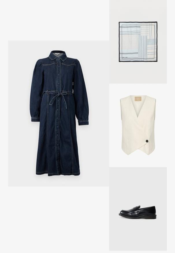 Crèmewit mouwloos vest met dunne verticale krijtstrepen, V-hals en een enkele zwarte knoopsluiting aan de voorkant.; Donkerblauwe denim jurk met een kraag, knopen aan de voorkant, lange gezwollen mouwen en een gestrikte tailleband. Bevat stikseldetails.; Zwarte leren instapper met een gladde afwerking, ronde neus en gestikte details op de voorkant, met een gestructureerde rubberen zool voor grip.; Zijden sjaal met lichtblauwe, witte en zwarte geometrische patchwork, met verschillende horizontale en verticale lijnpatronen en een zwarte rand.