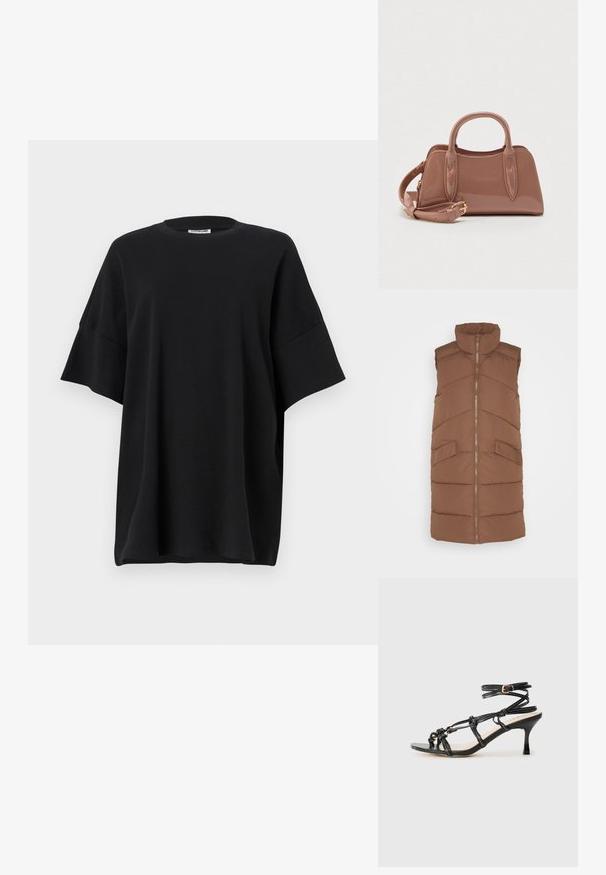 ONLY ONLMATILDE - Vesta - coffee quartz; Čierne oversized tričko vyrobené z bavlny, s okrúhlym výstrihom a krátkymi, širokými rukávmi, s hladkou textúrou a voľným strihom.; Čierne lakované kožené sandále na vysokom podpätku s popruhovým dizajnom, nastaviteľným členkovým popruhom a uzlovými detailmi. Hladký povrch, špicatá špička.; Lesklá kabelka ružovej farby s dvoma hornými rúčkami, odnímateľným ramenným popruhom a ozdobnými švami. Kompaktný, štruktúrovaný tvar.