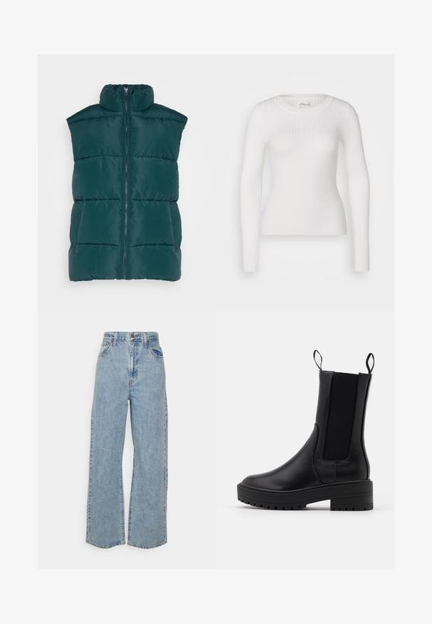 Monki Vest - dark green; Valge pikakä sleeves ribikate tipp ümarate kaelustega. Kangas on sile, omades peent tekstuuri ja istuvat disaini. Ilma nähtava riistvara või mustriteta.; Heledad sinine laia säärega teksapüksid kõrge vöökohaga, esine nööp ja tõmblukk, viie tasku disainiga, ühelooduses taustal.; Mustad mustan värvi talvesaapad siledast nahast, elastsete külgpaneelide, tõmbenööride ja paksu, tekstureeritud taldaga, mis tagab parema haardumise.