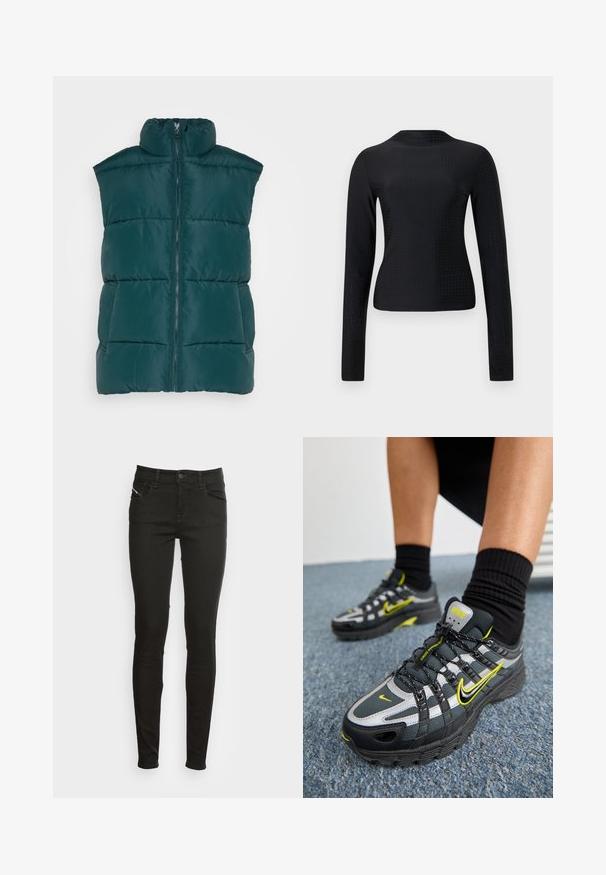 Monki Chaleco - dark green; Top negro de manga larga hecho de tejido suave, con un patrón perforado en toda su superficie y un sencillo escote redondo.; Jeans ajustados negros con bolsillos frontales, pasadores para cinturón, cierre de botón y cremallera, mostrados sobre un fondo blanco.; Zapatillas deportivas en negro y gris con acentos reflectantes plateados, paneles de malla texturizada y detalles en amarillo brillante. Diseño con cordones y suela estructurada.