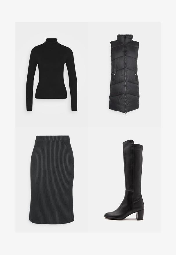 Gilet rembourré noir avec col montant, fermeture éclair à l'avant, grand pointillé en chevrons et deux poches latérales. Texture de tissu lisse et brillant.; Pull à col roulé noir avec des manches longues, fabriqué à partir d'un tissu en maille lisse. Présente un design ajusté et un col côtelé.; Vero Moda Petite VMMONI CALF SKIRT - Jupe crayon - black/snow white; Botte en cuir noire montant jusqu'au genou avec un bout arrondi et un talon bloc sur un fond gris clair uni.