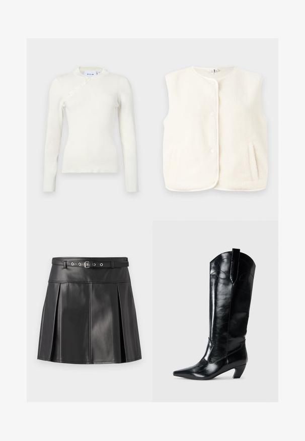 Gilet en polaire de couleur crème, sans manches, avec des boutons sur le devant et des poches latérales. Texture douce avec une doublure intérieure lisse.; Pull long à manches longues blanc avec un col montant, présentant une texture côtelée et des boutons décoratifs le long de la couture latérale.; Jupe plissée noire en simili cuir, dotée d'une taille ajustée avec une ceinture et des accents en métal argenté. Texture lisse.; Bottes en cuir noir montantes jusqu'au genou, avec une pointe effilée, un talon bas, et des détails de couture décoratifs sur les côtés. Fini lisse et brillant.