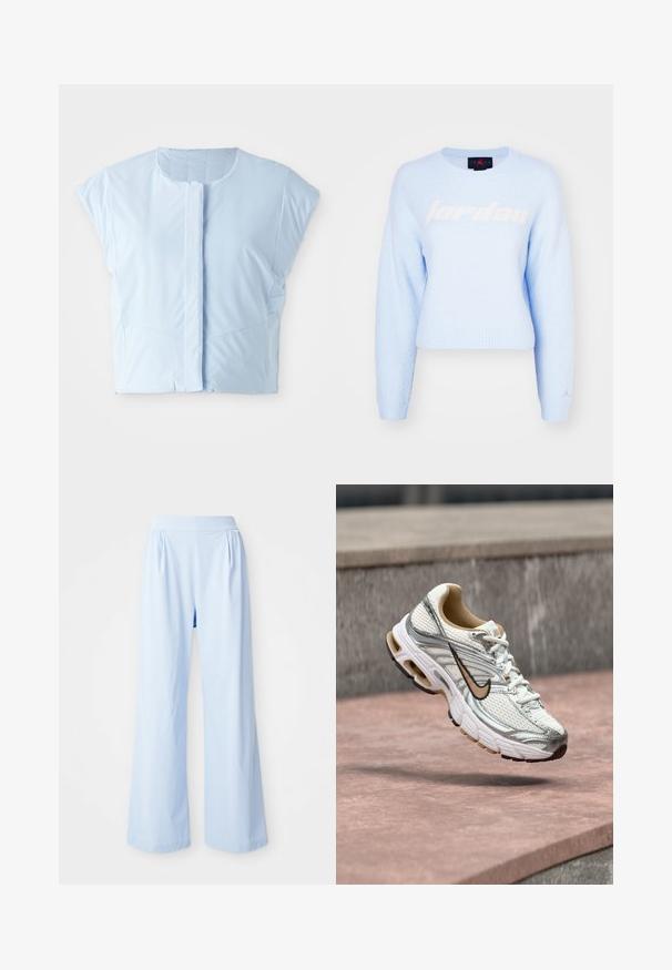 Lysblå crop top lavet af glat stof, med rund halsudskæring, korte ærmer, frontknaplukning og diskret sømdetaljering.; Lyseblå cropped sweater lavet af blødt, tekstureret stof. Har et stort hvidt "jordan" logo på fronten og et lille logo på ærmet.; Lyseblå bredbenede bukser med en glat tekstur, elastisk talje og plisserede detaljer på fronten. Fremstillet af et blødt stof.; Hvid og sølv Nike løbesko med beige swoosh-logo, vist i luften over en stens overflade med en sløret grå vægbaggrund.