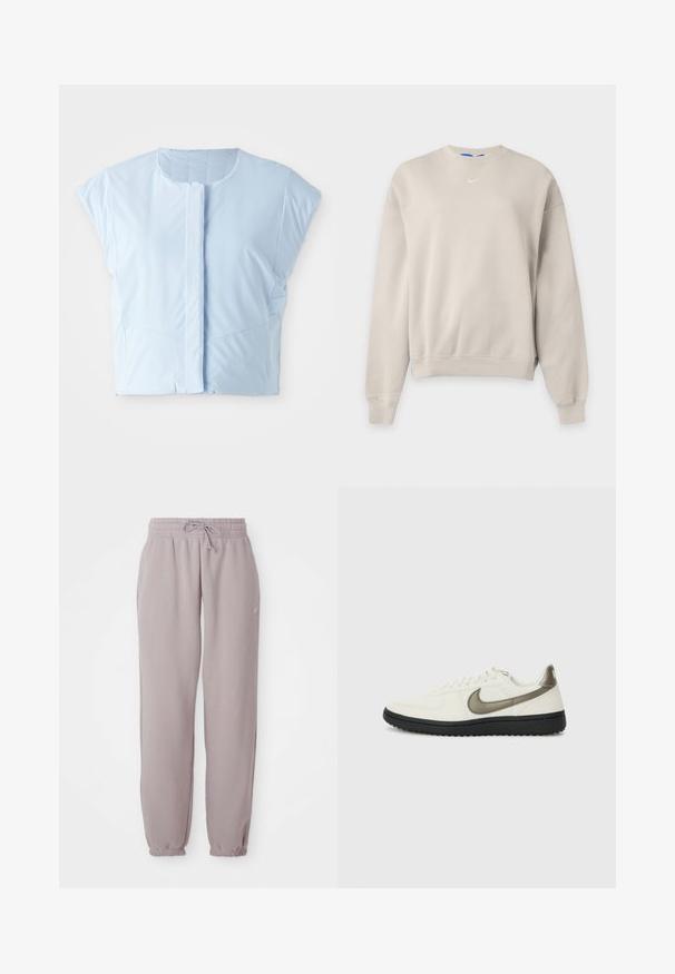 Top court bleu clair en tissu lisse, avec un col rond, des manches courtes, une fermeture à boutons sur le devant et des détails de couture subtils.; Sweat-shirt Nike beige clair col rond à manches longues, avec poignets et bas côtelés, et petit logo Nike swoosh blanc sur la poitrine.; Pantalons de survêtement en polaire mauve clair avec taille élastique, cordon de serrage, poches latérales et poignets élastiques, présentés à plat sur un fond blanc.; Nike Sportswear FIELD GENERAL - Baskets basses - off-white/black