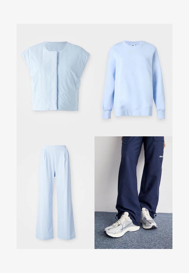 Lysblå crop top lavet af glat stof, med rund halsudskæring, korte ærmer, frontknaplukning og diskret sømdetaljering.; Lyseblå Nike sweatshirt med rund hals, lange ærmer, ribkantet manchet og kant samt lille hvid Nike Swoosh-logo på brystet.; Lyseblå bredbenede bukser med en glat tekstur, elastisk talje og plisserede detaljer på fronten. Fremstillet af et blødt stof.; Nike sportssko med en sølvfarvet mesh-overdel, hvide detaljer og strukturerede såler, parret med løstsiddende navy bukser.