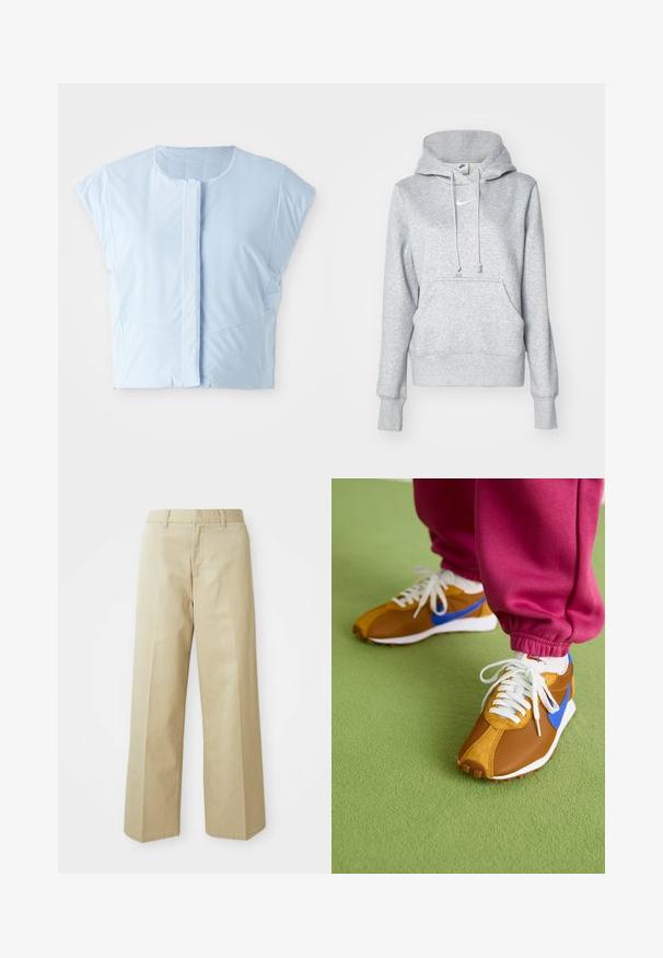 Himmelblauer Cropped-Top aus glattem Stoff, mit Rundhalsausschnitt, kurzen Ärmeln, vorderem Knopfverschluss und dezenten Nahtdetails.; Grauer Pullover mit Kapuze, Kordelzug, Vordertasche und gerippten Bündchen. Verfügt über ein kleines weißes Nike-Logo auf der Brust.; Beige weite Hose aus Baumwolle mit glatter Textur. Verfügt über einen geraden Schnitt, Gürtelschlaufen und Fronttaschen.; Braune und blaue Sneakers aus einer Mischung aus Mesh- und Wildledermaterialien, versehen mit weißen Schnürsenkeln und einer strukturierten braunen Sohle, die auf grünem Boden platziert sind.