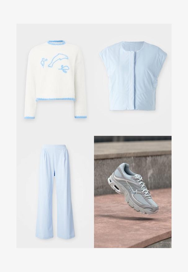 Lichtblauw cropped top gemaakt van gladde stof, met een ronde halslijn, korte mouwen, knoopsluiting aan de voorkant en subtiele naaddetails.; Witte gebreide sweater met lichtblauwe rand, met een lichtblauwe dolfijn en abstracte vormen geborduurd op de voorkant.; Lichtblauwe wijde broek met een gladde textuur, elastische tailleband en geplooide details aan de voorkant. Gemaakt van een zachte stof.; Lichtgrijze en witte Nike hardloopschoen met mesh en gewatteerde zool, zwevend in de lucht tegen een achtergrond van betonnen trappen.