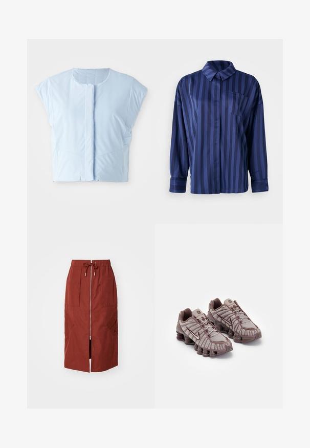 Himmelblauer Cropped-Top aus glattem Stoff, mit Rundhalsausschnitt, kurzen Ärmeln, vorderem Knopfverschluss und dezenten Nahtdetails.; Navyblaue gestreifte Bluse mit Kragen, Brusttasche und langen Ärmeln. Hergestellt aus einem glatten, glänzenden Stoff mit lockerer Passform.; Midikleid in terrakottarot, mit einem Frontreißverschluss, elastischem Bund mit Kordelzug und seitlichen Taschen mit geometrischem Design.; Nike Sportswear SHOX TL - Sneaker low - pumice/night maroon/plum eclipse