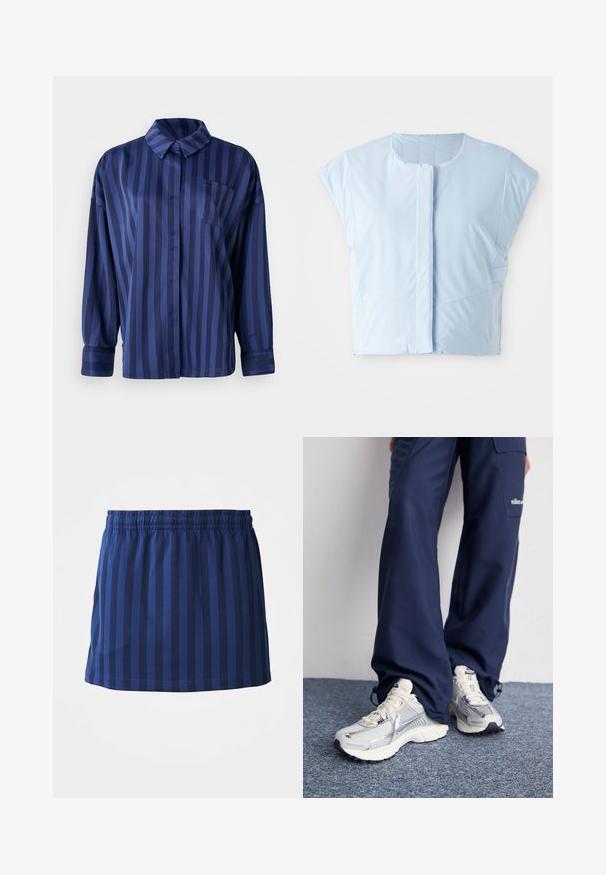 Lichtblauw cropped top gemaakt van gladde stof, met een ronde halslijn, korte mouwen, knoopsluiting aan de voorkant en subtiele naaddetails.; Marineblauw gestreepte shirt met kraag, borstzak en lange mouwen. Gemaakt van een gladde, glanzende stof met een losse pasvorm.; Marineblauwe rok met verticale strepen, elastische tailleband, lengte tot halverwege het bovenbeen, gemaakt van lichte stof, gladde textuur.; Nike hardloopschoenen met een zilveren mesh bovenkant, witte accenten en structuurzolen, gecombineerd met luchtige navy broeken.