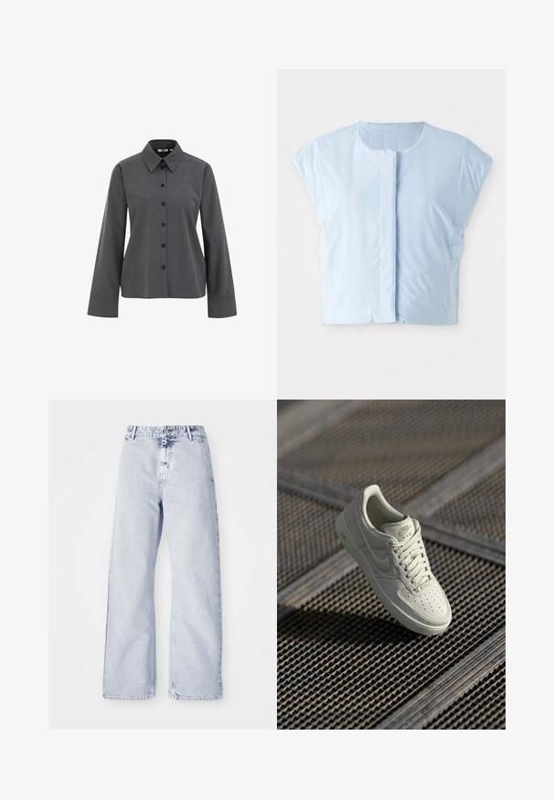 Lichtblauw cropped top gemaakt van gladde stof, met een ronde halslijn, korte mouwen, knoopsluiting aan de voorkant en subtiele naaddetails.; WE Fashion Overhemdblouse - grey; Lichtblauwe denim wijde jeans met een hoge taille, knoopsluiting en vijf-pocket ontwerp. Zachte textuur en zichtbare stikdetails.; Witte Nike Air Force 1 sneaker van glad leer, met geperforeerde neus, tonale veters en logo-accenten in lichtgoud. Zwevend boven een textuur oppervlak.