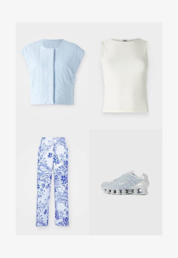 Top court bleu clair en tissu lisse, avec un col rond, des manches courtes, une fermeture à boutons sur le devant et des détails de couture subtils.; Haut sans manches blanc en tissu lisse, avec un col arrondi et des bords nets, présentant une silhouette ajustée. Étiquette de marque visible.; Pantalon blanc avec imprimé floral et paysage bleu, présentant une coupe droite et des poches latérales. Le tissu a une finition texturée.; Chaussure de sport gris clair avec semelle à coussinets segmentés et dessus en mesh, arborant un logo swoosh sur le côté.