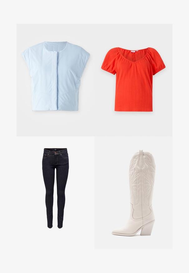 Lichtblauw cropped top gemaakt van gladde stof, met een ronde halslijn, korte mouwen, knoopsluiting aan de voorkant en subtiele naaddetails.; Rode geribbelde top met korte mouwen, een brede halslijn en gathered puff sleeves, gemaakt van een lichte, gestructureerde stof.; Donkerblauwe slim-fit spijkerbroek met knopen aan de voorkant en zakken, zichtbare stiksels en een merklint op de tailleband.; Witte leren cowboylaars met een spitse neus en een vierkante hak. Heeft ingewikkelde stikpatronen op de schacht en een soepele textuur.