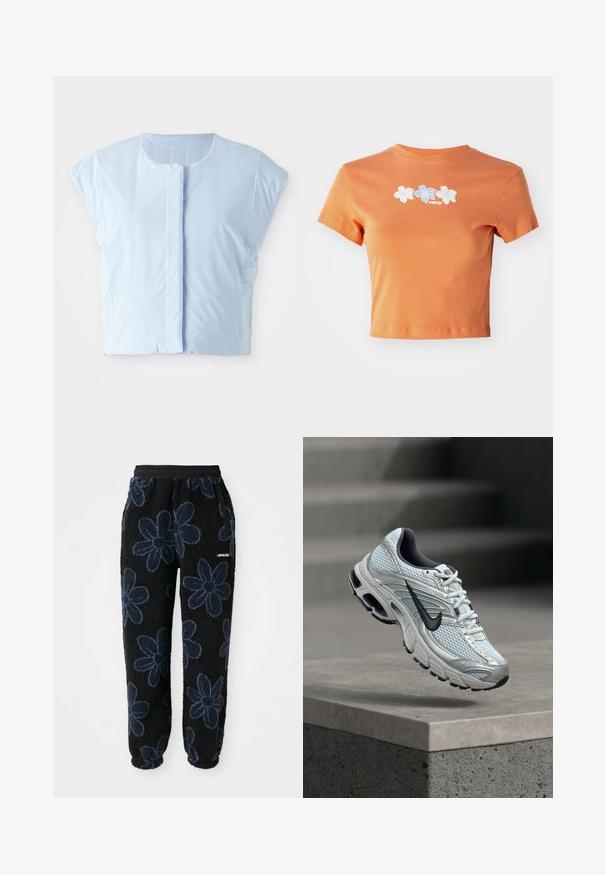 Lysblå crop top lavet af glat stof, med rund halsudskæring, korte ærmer, frontknaplukning og diskret sømdetaljering.; Kraftig orange T-shirt lavet af bomuld med korte ærmer, der prydes af hvide og lyseblå broderede blomster over forsiden.; Fleece joggers med sort baggrund og mørkeblå blomsterdesign. Har en elastisk talje og sidelommer. Blød tekstur.; Hvid og grå Nike løbesko med sort logo svæver over betonkant mod sløret grå baggrund.
