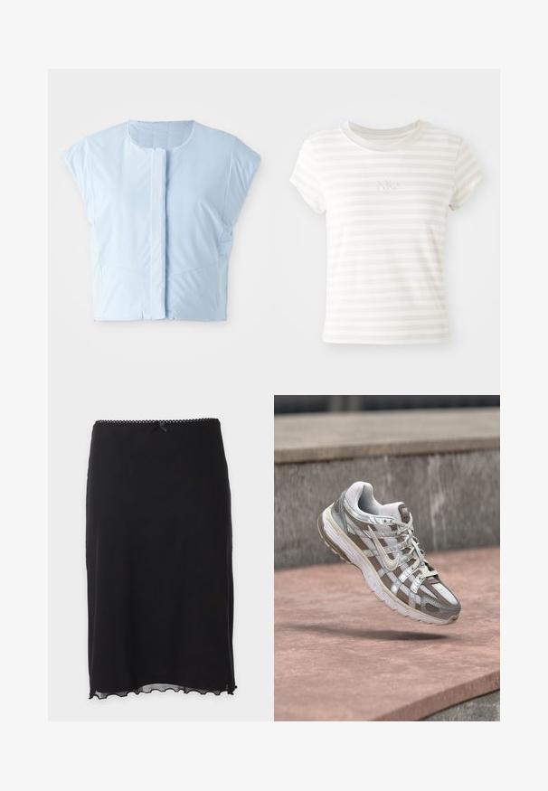Top court bleu clair en tissu lisse, avec un col rond, des manches courtes, une fermeture à boutons sur le devant et des détails de couture subtils.; T-shirt à manches courtes à rayures blanches en coton doux. Il présente un col rond et un petit logo Nike brodé sur la poitrine.; Jupe noire longueur genou avec ourlet festonné et petit nœud au niveau de la ceinture bordée de dentelle.; Chaussure de course Nike blanche et grise suspendue au-dessus d'une surface en béton rosé avec un mur en pierre grise en arrière-plan.