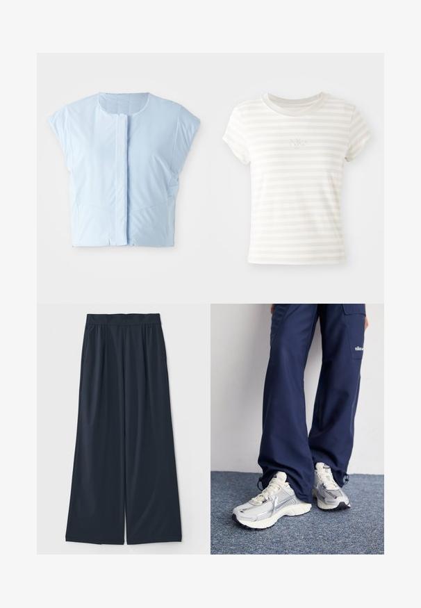 Lichtblauw cropped top gemaakt van gladde stof, met een ronde halslijn, korte mouwen, knoopsluiting aan de voorkant en subtiele naaddetails.; Witte gestreepte t-shirt met korte mouwen, gemaakt van zachte katoen. Heeft een ronde hals en een klein geborduurd Nike-logo op de borst.; Donkerblauwe wijde broek van zacht materiaal; heeft een elastische tailleband en twee zijzakken voor extra gemak.; Nike hardloopschoenen met een zilveren mesh bovenkant, witte accenten en structuurzolen, gecombineerd met luchtige navy broeken.
