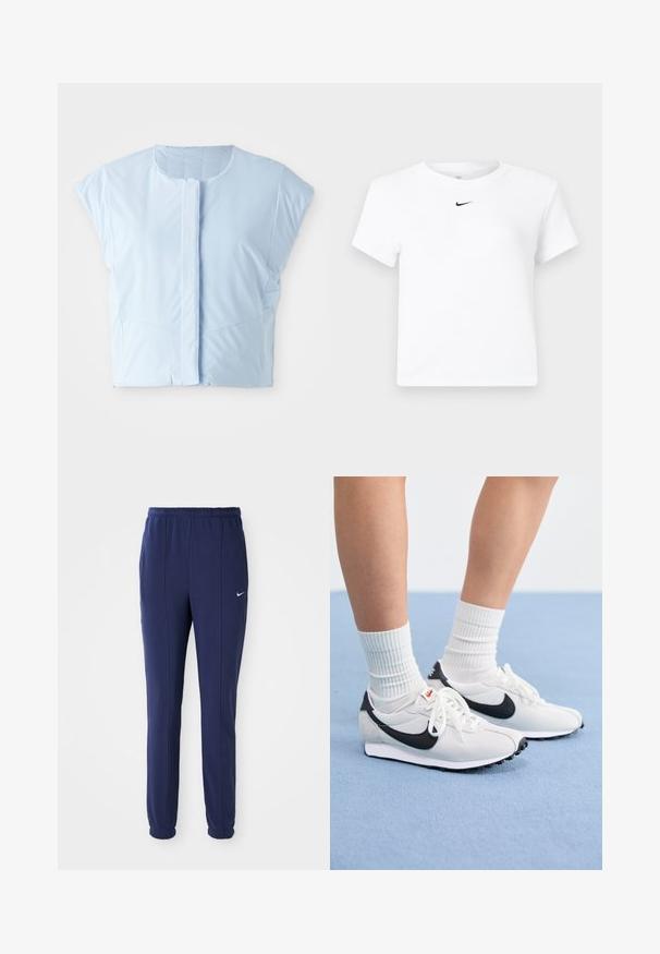 Heledsinine lühikese varrukaga lühike topp, mis on valmistatud siledast kangast, millel on ümmargune kaelus, ees nup closure ja kerge õmbluste detail.; Valge lühikeste varrukatega Nike lühike t-särk, millel on väike must Nike logo kaeluse all keskel.; Tumed sinise värvusega spordipüksid, millel on elastne vöökoht, kitsenevad jalad ja valge Nike logo vasakul küljel. Valmistatud pehmest kangast.; Valged võrgusilma tossud mustade aktsentidega, ümmargune varvas ja lame kummist talla. Kombineeritud ribakujuliste valgete sokkidega.