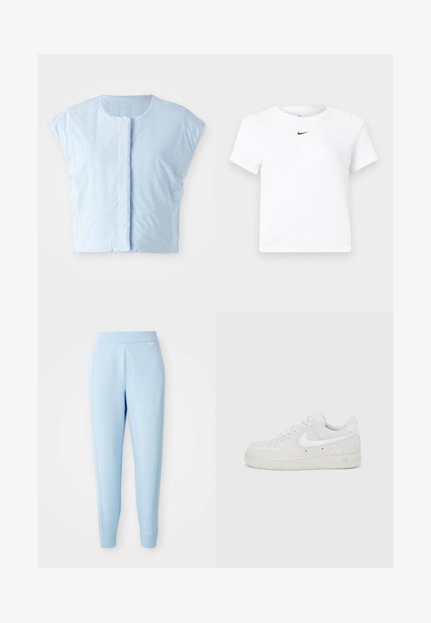 Himmelblauer Cropped-Top aus glattem Stoff, mit Rundhalsausschnitt, kurzen Ärmeln, vorderem Knopfverschluss und dezenten Nahtdetails.; Weißes, kurzärmeliges Nike-Bauchfreies T-Shirt mit einem kleinen schwarzen Nike-Swoosh-Logo, das unterhalb des Halsausschnitts zentriert ist.; Helle blaue Jogginghosen aus weichem Material mit glatter Textur, schmal zulaufenden Beinen und einem dezenten Logoakzent an der Seite.; Weißer Nike Air Force 1 Sneaker aus Wildleder mit strukturierter Oberfläche, rundem Zehenbereich und kontrastierendem weißen Logoakzent, ausgestattet mit einer Gummisohle.
