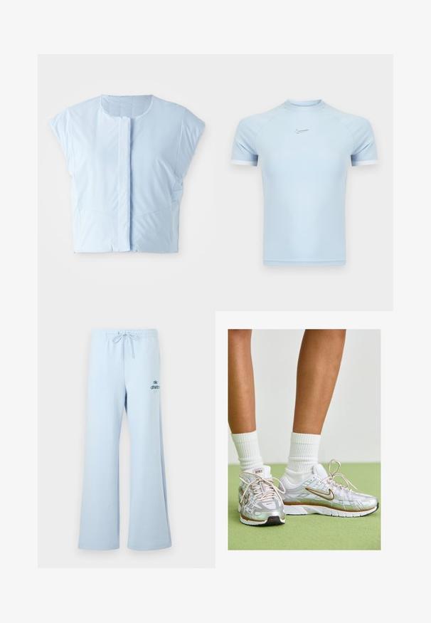 Lysblå crop top lavet af glat stof, med rund halsudskæring, korte ærmer, frontknaplukning og diskret sømdetaljering.; Lyseblå atletisk t-shirt med korte ærmer lavet af glat stof. Har rund halsudskæring og subtilt Nike-logo på brystet med hvide detaljer.; Lyseblå joggingbukser med afslappet pasform, snøre i taljen og "nike athletics"-logo i en mørkere blå på forsiden af benet. Blød stoftekstur.; Sølv atletik sko med hvide og gyldne accenter, der har en mesh-overdel, gummisål og en reflekterende finish. Strømper synlige over anklen.