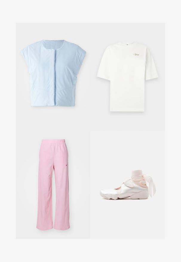 Himmelblauer Cropped-Top aus glattem Stoff, mit Rundhalsausschnitt, kurzen Ärmeln, vorderem Knopfverschluss und dezenten Nahtdetails.; Weißes, oversized T-Shirt mit kurzen Ärmeln und kleinem goldenen "Just Do It"-Logo auf der oberen linken Brust vor einem schlichten Hintergrund.; Rosa Hosen mit elastischem Bund und lässiger Passform. Sie verfügen über ein rotes Logo auf der linken Seite und eine glatte, leichte Textur.; Weißer und hellrosa Sneaker mit weichem Stoffknöchelwickel, der zu einer Schleife gebunden ist, mit verstellbarem Riemen und abgerundeter Sohle.