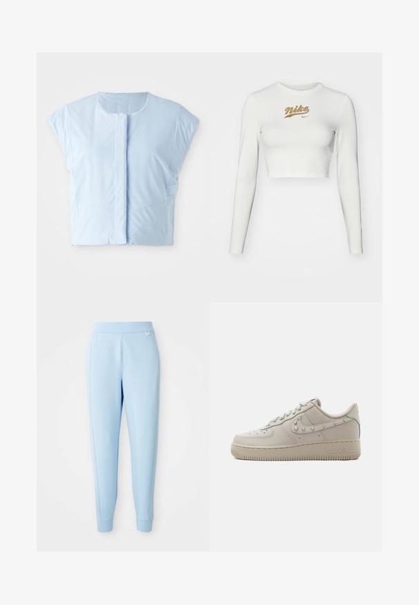 Himmelblauer Cropped-Top aus glattem Stoff, mit Rundhalsausschnitt, kurzen Ärmeln, vorderem Knopfverschluss und dezenten Nahtdetails.; Weißes, langärmliges Crop-Top aus glattem Stoff, mit einem goldenen Nike-Logo-Print auf der Brust und einem klassischen Rundhalsausschnitt.; Helle blaue Jogginghosen aus weichem Material mit glatter Textur, schmal zulaufenden Beinen und einem dezenten Logoakzent an der Seite.; Beiger Low-Top-Ledersneaker mit Nieten am Nike-Swoosh, perforierter Zehenpartie und dicker Gummisohle mit der Aufschrift „AIR“ an der Seite.
