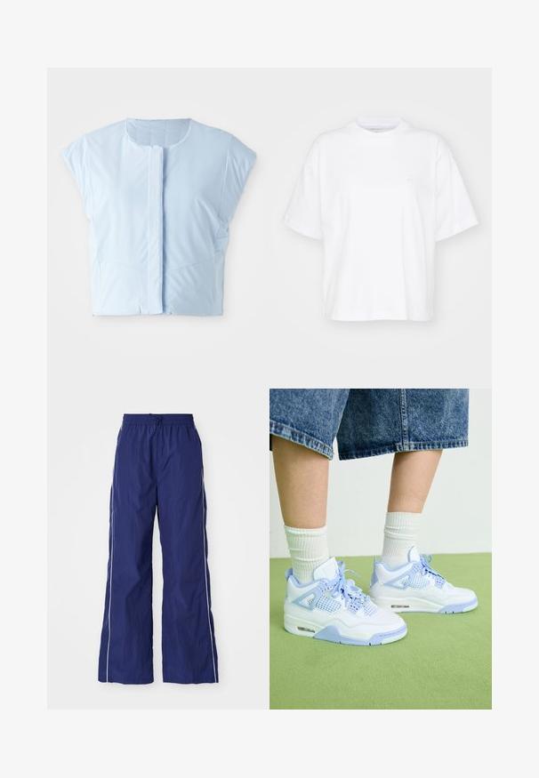 Top corto de color azul claro, hecho de una tela suave, con escote redondo, mangas cortas, cierre frontal de botones y detalles de costura sutiles.; Camiseta de algodón blanca con cuello redondo, mangas cortas y un corte relajado. Presenta un logo sutil en el área del pecho izquierdo. Textura suave.; Pantalones de pierna ancha, ligeros y de color azul marino, con cintura elástica y cordón, que cuentan con rayas blancas a los lados y una textura arrugada.; Zapatillas blancas y azul claro con acentos de malla, puntera redondeada, cordones y una unidad de amortiguación de aire, combinadas con calcetines blancos de canalé y pantalones cortos de mezclilla.