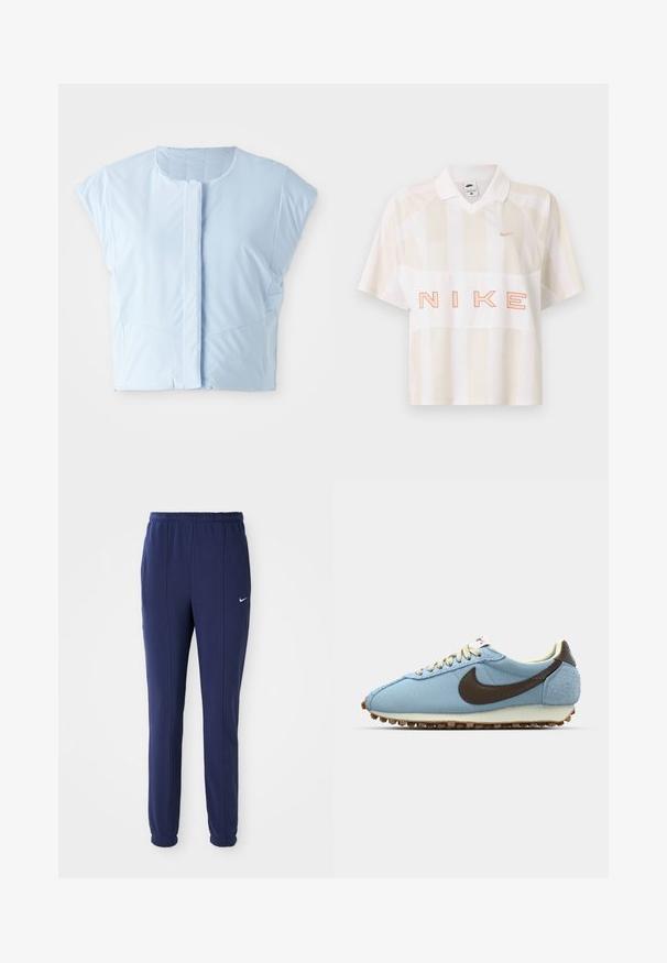 Top corto de color azul claro, hecho de una tela suave, con escote redondo, mangas cortas, cierre frontal de botones y detalles de costura sutiles.; Polo de manga corta a rayas blancas y beige de Nike con cuello, pequeño logo Swoosh en el pecho y gran texto contorneado "NIKE" en la parte frontal.; Pantalones deportivos azul marino con cintura elástica, piernas ajustadas y logo de Nike blanco en el lado izquierdo. Hechos de una tela suave.; Zapatilla deportiva azul hecha de malla y ante. Presenta un logotipo de Nike en color marrón, cordones beige y una suela de goma texturizada para mayor agarre.