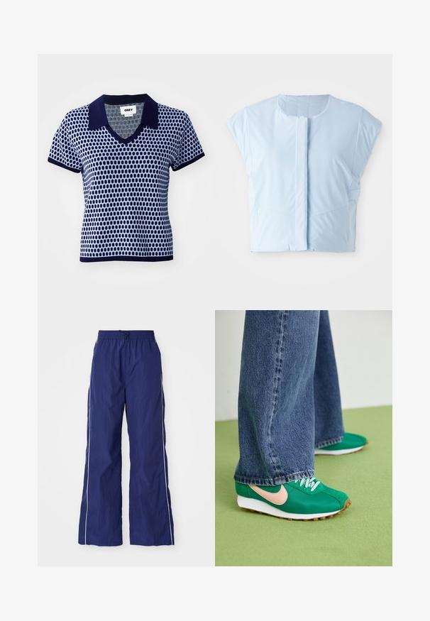 Himmelblauer Cropped-Top aus glattem Stoff, mit Rundhalsausschnitt, kurzen Ärmeln, vorderem Knopfverschluss und dezenten Nahtdetails.; Türkis und marineblaues Kurzarm-Polo mit V-Ausschnitt, das ein strukturiertes geometrisches Muster sowie einen einfarbigen marineblauen Kragen und Bündchen aufweist.; Marineblaue, leichte, weit geschnittene Hose mit elastischem Bund und Kordelzug, mit weißen seitlichen Streifen und einer zerknitterten Textur.; Grüne Sportschuhe mit pinkem Swoosh, Schnürdesign, strukturiertem Stoff und weißen Gummisohlen. Kombiniert mit weitem blauen Jeanshosen.