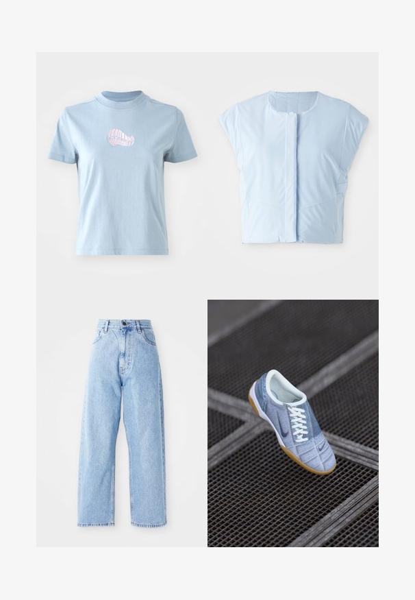 Lysblå crop top lavet af glat stof, med rund halsudskæring, korte ærmer, frontknaplukning og diskret sømdetaljering.; Lyseblå bomulds T-shirt med korte ærmer og høj halsudskæring, prydet med et lille pink broderet skaldesign på forsiden.; Højhalset lysblå denimjeans med lige vide ben, frontknap, lynlås lukning samt front- og baglommer.; Lys blå denim sneaker med hvide snørebånd og mørkeblå accenter, med rund tå og gummirødsål. Tekstureret overflade med syningsdetaljer.