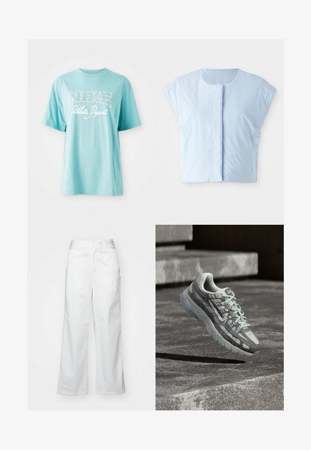 Lysblå crop top lavet af glat stof, med rund halsudskæring, korte ærmer, frontknaplukning og diskret sømdetaljering.; Lyseblå bomulds T-shirt med korte ærmer og rund halsudskæring. Har "NIKE" logo og tekst i hvid og ferskenfarvet print.; Hvide brede bukser lavet af bomuld, med en glat overflade, lige pasform, forlommer og en ren kant.; Grå og hvide Nike-løbesko med tekstureret mønster, snørelukning foran og tyk sål, der svæver over et betontrin udendørs.