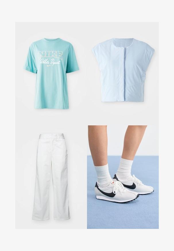 Lysblå crop top lavet af glat stof, med rund halsudskæring, korte ærmer, frontknaplukning og diskret sømdetaljering.; Lyseblå bomulds T-shirt med korte ærmer og rund halsudskæring. Har "NIKE" logo og tekst i hvid og ferskenfarvet print.; Hvide brede bukser lavet af bomuld, med en glat overflade, lige pasform, forlommer og en ren kant.; Hvide mesh sneakers med sorte accenter, rund tå og flad gummisål. Sæt sammen med ribbed hvide sokker.