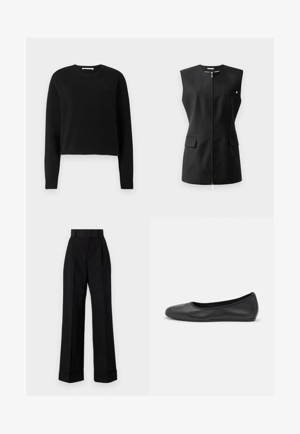 Veste sans manches noire avec fermeture éclair à l'avant, deux poches avant et un petit détail accentué. Fabriquée en tissu lisse.; Pull court noir avec des manches longues, encolure et poignets côtelés, fabriqué dans un matériau tricoté doux. Design simple et sans couture.; Pantalons noirs taille haute en coton. Présente un design à jambes larges, des plis et des ourlets roulés. Texture lisse, sans motifs ni matériel visible.; Ballerines en cuir noir avec un bout rond, texture lisse, détails de couture minimalistes et design de semelle flexible.