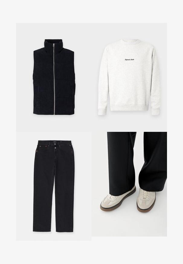 Marineblå kordfløjl puffer vest med høj krave, front lynlås og to frontlommer. Har et struktureret ribbet mønster.; Lys grå crewneck sweatshirt lavet af blødt materiale, med et lille sort "Originals Studio" logo på fronten og ribbede manchetter.; Sorte denimbukser med lige snit, fem lomme-design, metalhardware og subtile syninger. Blød tekstur, minimalt design.; Fødder iført beige sneakers med brune såler og sorte bukser med vide ben på hvid baggrund.
