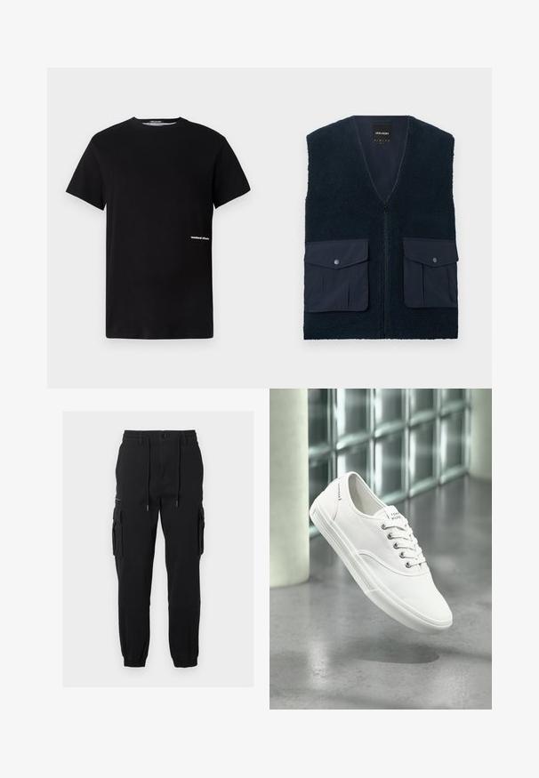 Veste sans manches en polaire bleu marine avec fermeture éclair à l'avant et deux grandes poches à rabat avec boutons-pression de chaque côté.; T-shirt en coton noir avec un col rond et des manches courtes, arborant le logo "weekend offender" brodé en blanc sur le côté.; Pantalon cargo noir avec taille élastique, cordon de serrage, multiples poches latérales et poignets côtelés aux chevilles. Tissu résistant, coupe décontractée.; Baskets basses blanches en toile avec lacets, étiquetées Tommy Hilfiger, montrées flottant au-dessus d’un sol gris lisse près d’un mur en briques de verre.